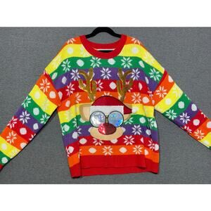 With Love, Derek | Christmas Rainbow Ugly Sweater Reindeer Hat Snowflake | Large